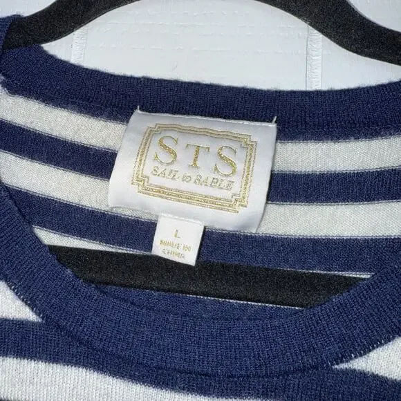 Sail To Sable STS Women’s 100% Cashmere Striped Sweater Navy Blue Nautical L - Picture 5 of 6